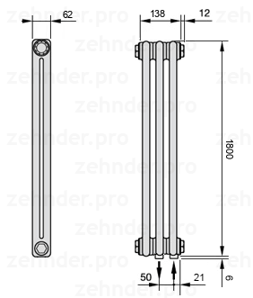 Схема (чертеж) Радиатор Zehnder Charleston 2180/3 №5510 Белый глянцевый RAL 9016